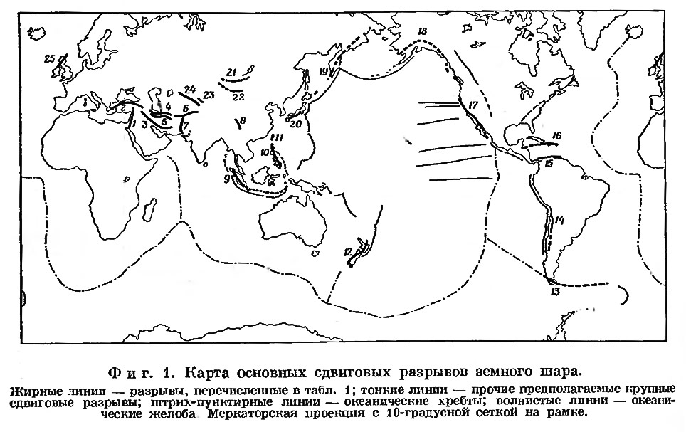 Фиг. 1. Карта основных сдвиговых разрывов земного шара