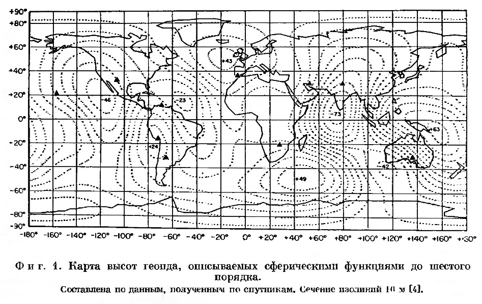 Фиг. 1. Карта высот геоида, описываемых сферическими функциями до шестого порядка
