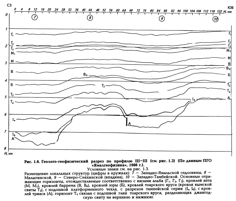 Рис. 1.6. Геолого-геофизический разрез по профилю III-III (см. рис. 1.2)
