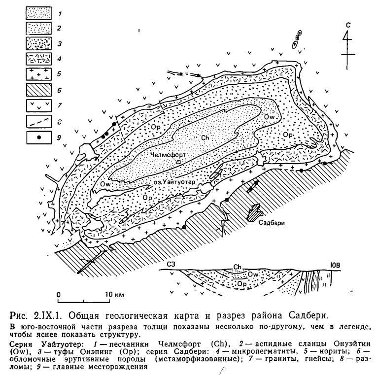 Рис. 2.IX.1. Общая геологическая карта и разрез района Садбери