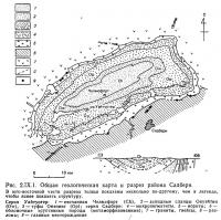 Рис. 2.IX.1. Общая геологическая карта и разрез района Садбери