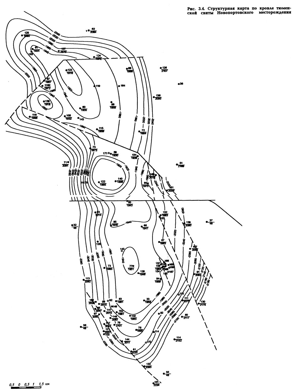 Рис. 3.4. Структурная карта по кровле тюменской свиты Новопортовского месторождения