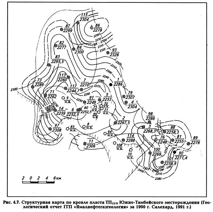 Рис. 4.7. Структурная карта по кровле пласта ТП13/0 Южно-Тамбейского месторождения