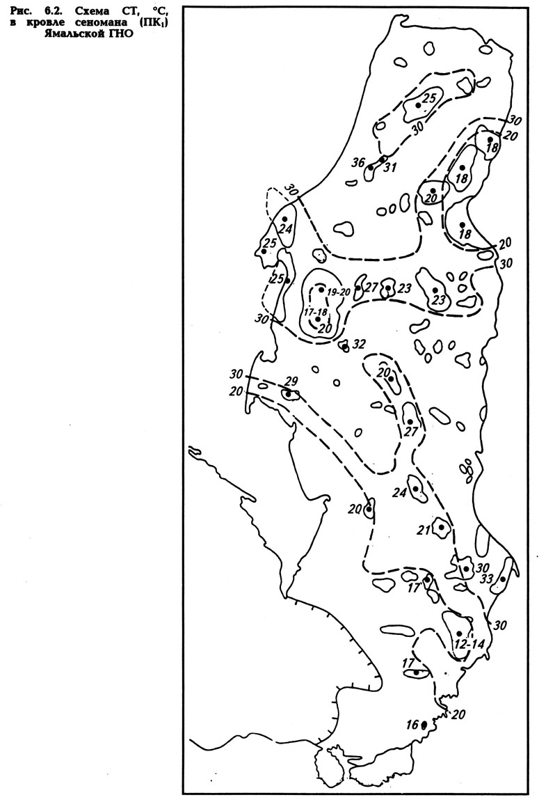 Рис. 6.2. Схема СТ, °С в кровле сеномана (ПК1) Ямальской ГНО
