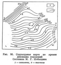 Рис. 96. Структурная карта по кровле девонских отложений