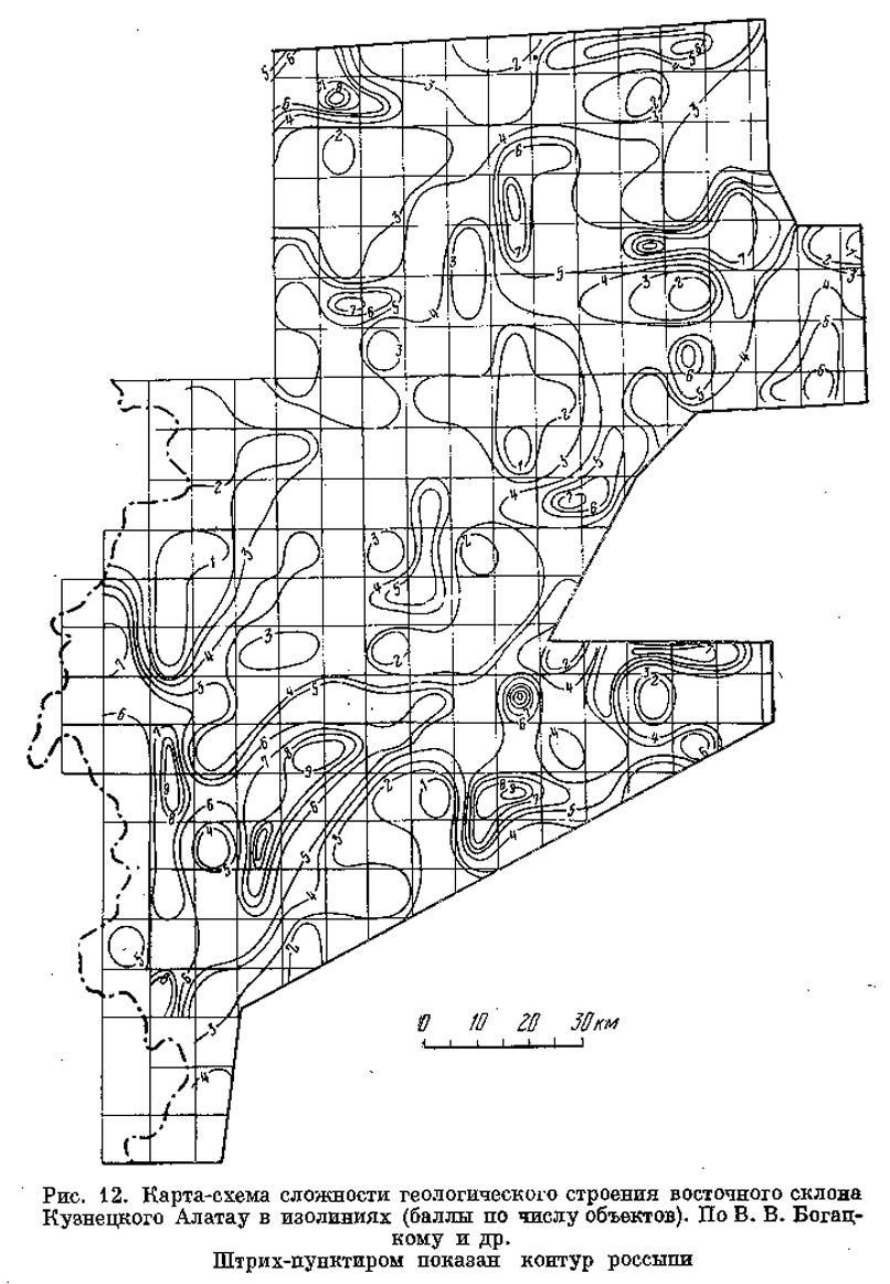 Рис. 12. Карта-схема сложности геологического строения склона Кузнецкого Алатау