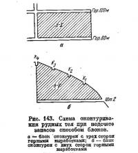 Рис. 143. Схема оконтуривания рудных тел при подсчете запасов способом блоков