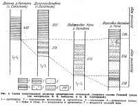 Рис. 4. Схема сопоставления разрезов среднеюрских отложений северного склона Главной гояды