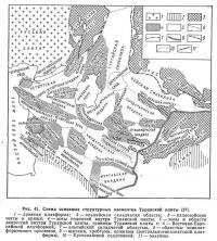 Рис. 41. Схема основных структурных элементов Туранской плиты