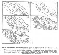 Рис. 49. Современные и палеоструктурные карты по кровле средней юры