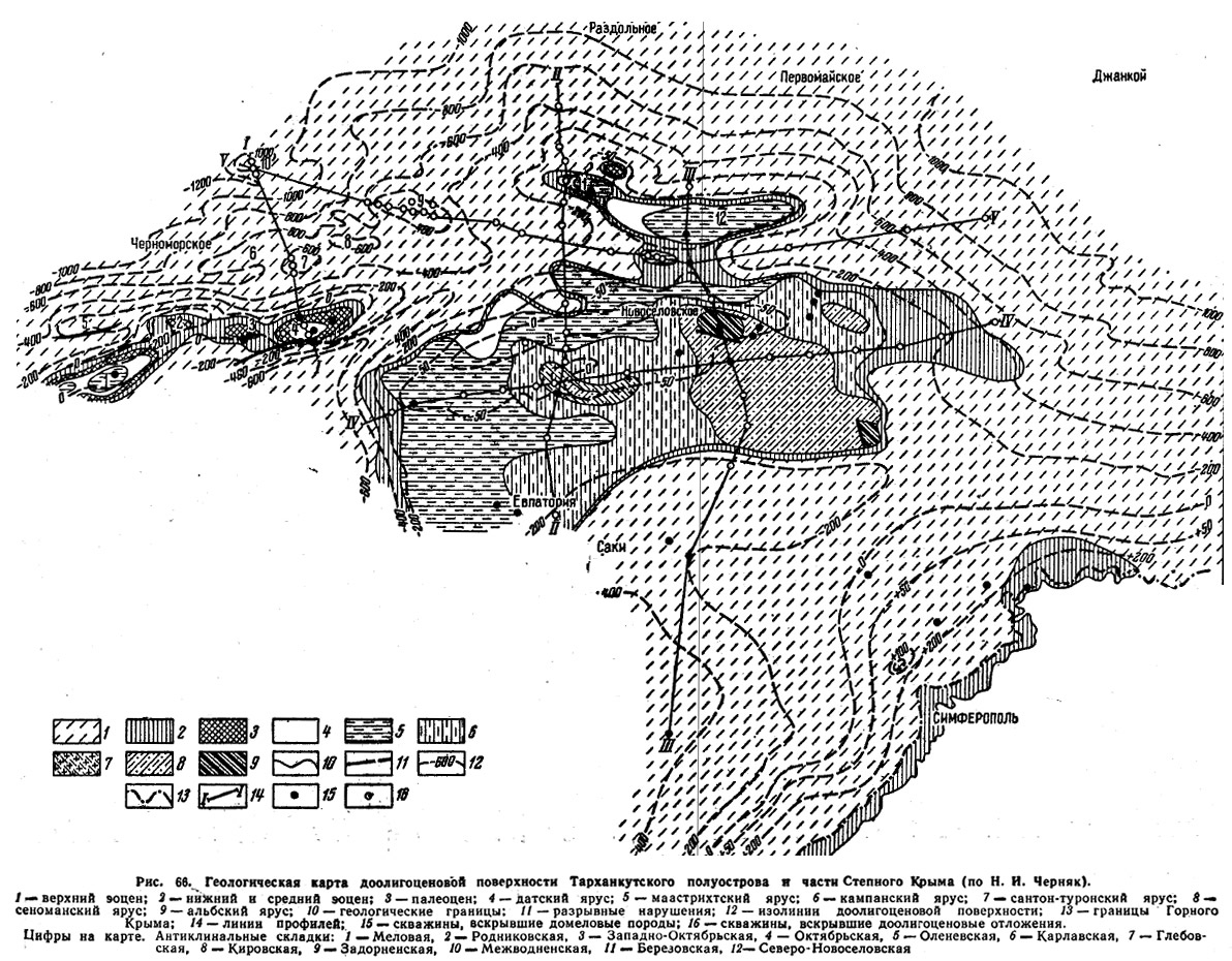 Рис. 66. Геологическая карта доолигоценовой поверхности Тарханкутского полуострова