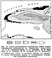 Рис. 70. Схема расположения мэотических рифов вокруг Караларской антиклинали